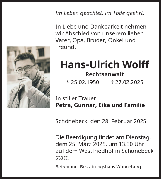 Traueranzeige von Hans-Ulrich Wolff von Volksstimme Schönebeck