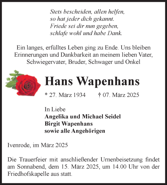Traueranzeige von Hans Wapenhans von Volksstimme Haldensleben/Wolmirstedt