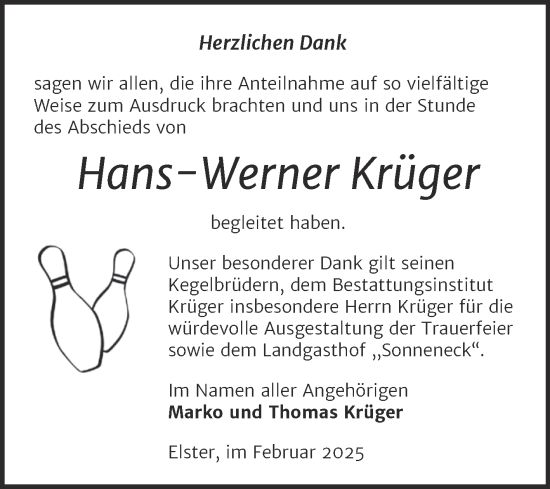 Traueranzeige von Hans-Werner Krüger von Trauerkombi Wittenberg