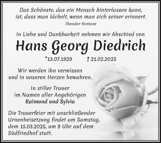 Traueranzeige von Hans Georg Diedrich von Volksstimme Magdeburg