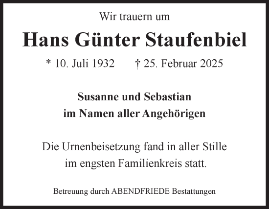 Traueranzeige von Hans Günter Staufenbiel von Volksstimme Magdeburg