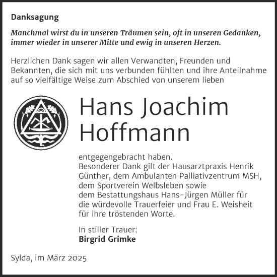 Traueranzeige von Hans Joachim Hoffmann von Trauerkombi Mansfelder Land