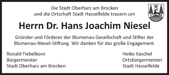 Traueranzeige von Hans Joachim Niesel von Volksstimme Wernigerode