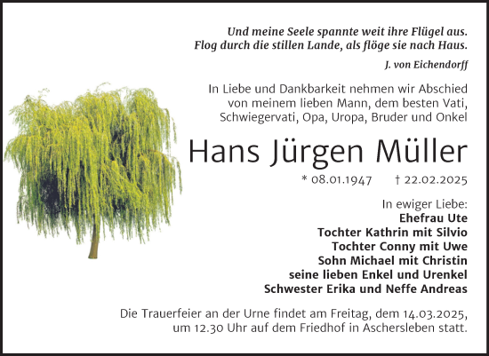 Traueranzeige von Hans Jürgen Müller von Trauerkombi Aschersleben
