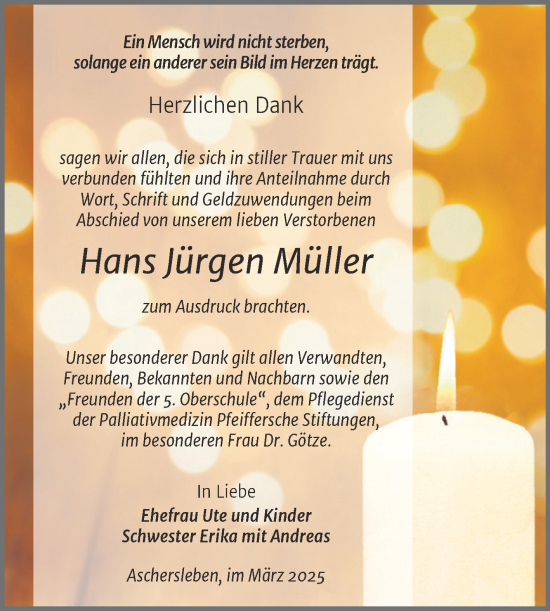 Traueranzeige von Hans Jürgen Müller von Trauerkombi Aschersleben