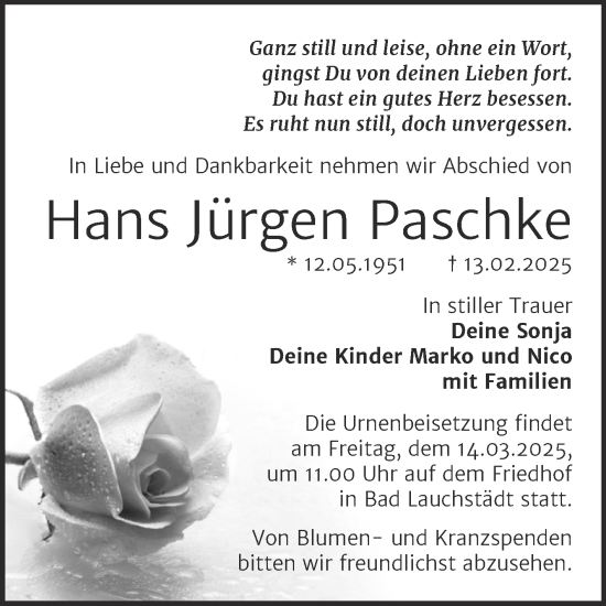 Traueranzeige von Hans Jürgen Paschke von Trauerkombi Merseburg