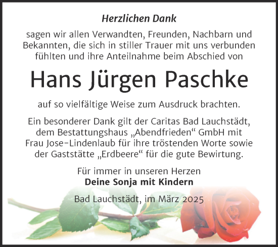 Traueranzeige von Hans Jürgen Paschke von Trauerkombi Merseburg