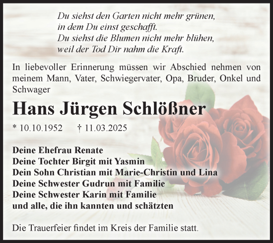 Traueranzeige von Hans Jürgen Schlößner von Volksstimme Burg/Genthin