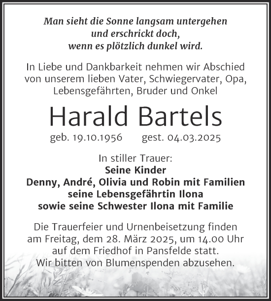 Traueranzeige von Harald Bartels von Trauerkombi Quedlinburg