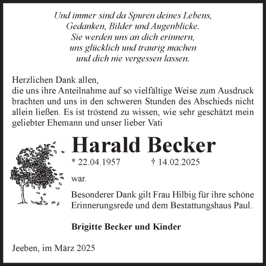 Traueranzeige von Harald Becker von Volksstimme Altmark West