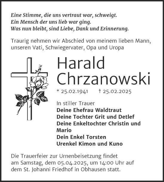 Traueranzeige von Harald Chrzanowski von Trauerkombi Merseburg