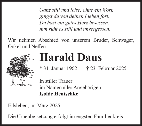 Traueranzeige von Harald Daus von Volksstimme Oschersleben/Wanzleben