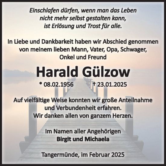 Traueranzeige von Harald Gülzow von Volksstimme Altmark Ost