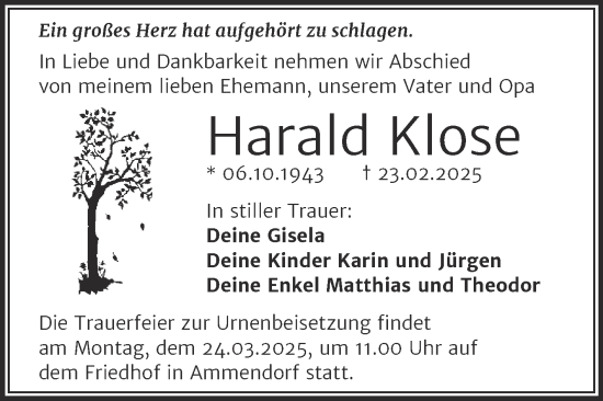 Traueranzeige von Harald Klose von Mitteldeutsche Zeitung Halle/Saalkreis
