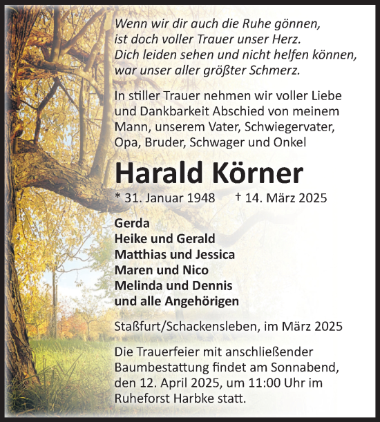 Traueranzeige von Harald Körner von Volksstimme Staßfurt