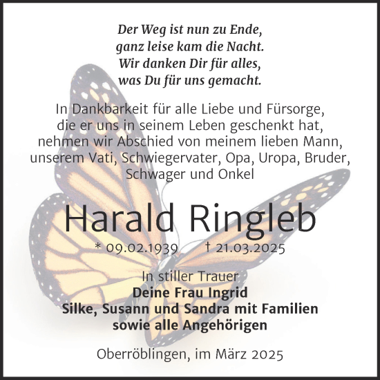 Traueranzeige von Harald Ringleb von Trauerkombi Sangerhausen