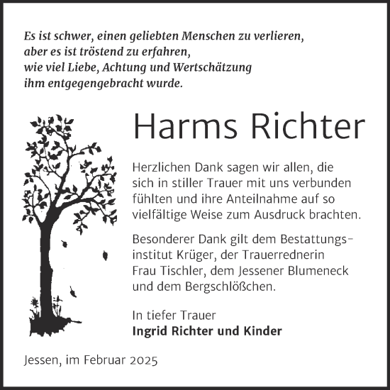 Traueranzeige von Harms Richter von Trauerkombi Wittenberg
