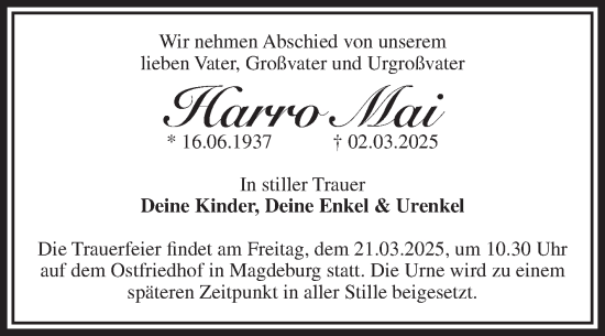 Traueranzeige von Harro Mai von Volksstimme Magdeburg