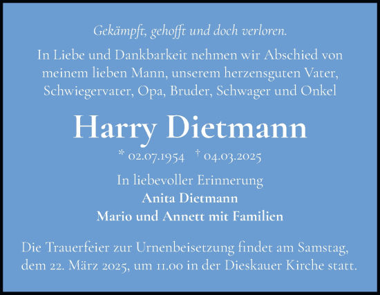 Traueranzeige von Harry Dietmann von Mitteldeutsche Zeitung Halle/Saalkreis