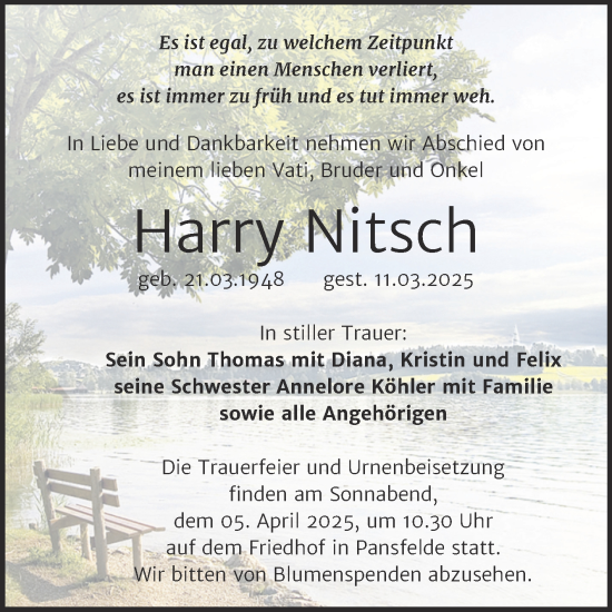 Traueranzeige von Harry Nitsch von Trauerkombi Quedlinburg