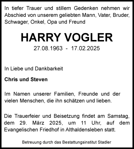 Traueranzeige von Harry Vogler von Volksstimme Altmark West