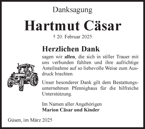 Traueranzeige von Hartmut Cäsar von Volksstimme Burg/Genthin