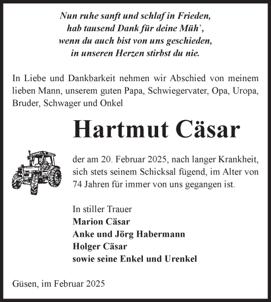 Traueranzeige von Hartmut Cäsar von Volksstimme Burg/Genthin