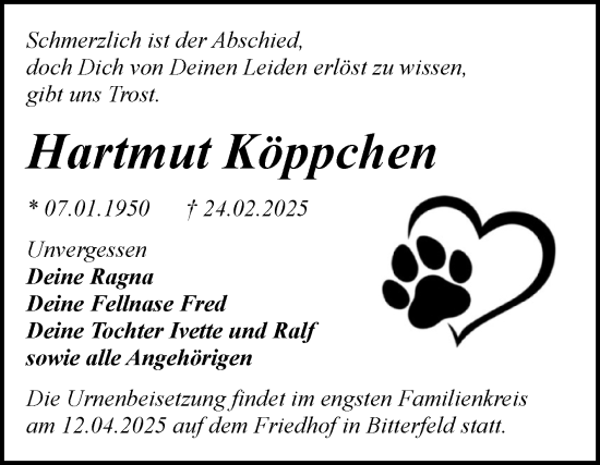 Traueranzeige von Hartmut Köppchen von Trauerkombi Bitterfeld