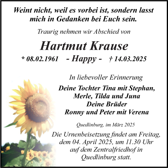 Traueranzeige von Hartmut Krause von Trauerkombi Quedlinburg