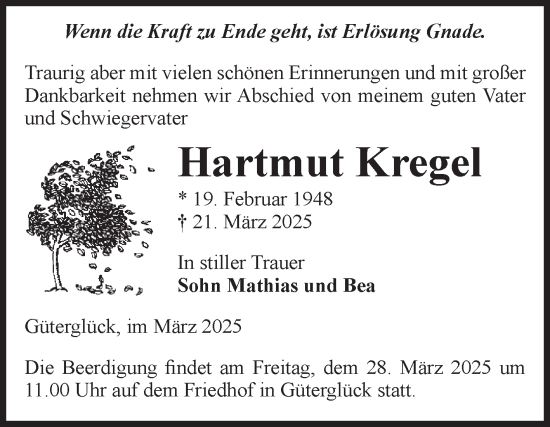 Traueranzeige von Hartmut Kregel von Volksstimme Zerbst