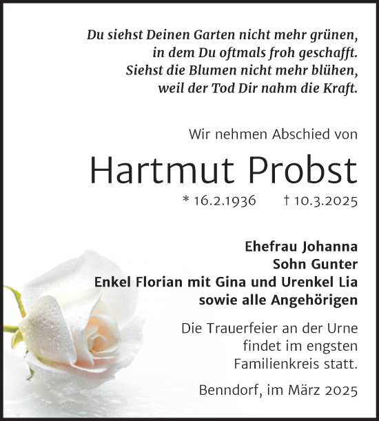 Traueranzeige von Hartmut Probst von Trauerkombi Mansfelder Land