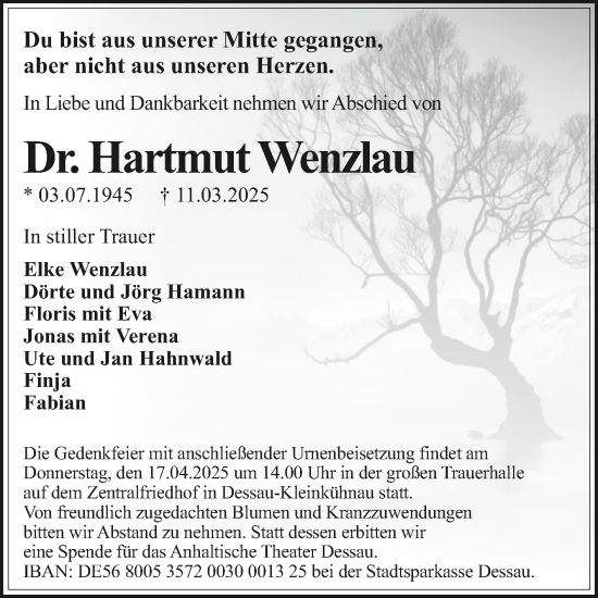 Traueranzeige von Hartmut Wenzlau von Trauerkombi Dessau