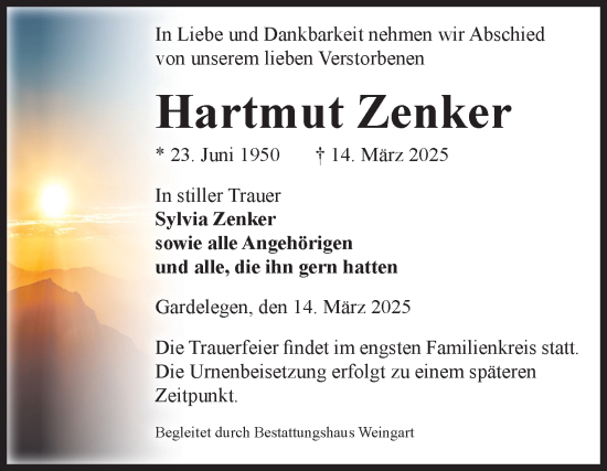 Traueranzeige von Hartmut Zenker von Volksstimme Altmark West