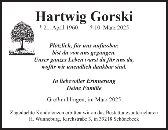 Traueranzeige von Hartwig Gorski von Volksstimme Schönebeck