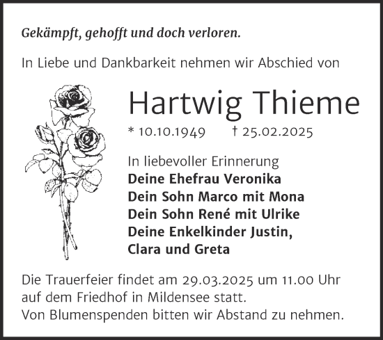 Traueranzeige von Hartwig Thieme von Trauerkombi Dessau