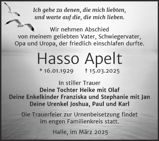 Traueranzeige von Hasso Apelt von Trauerkombi Merseburg