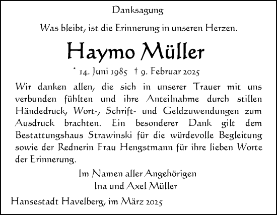Traueranzeige von Haymo Müller von Volksstimme Altmark Ost