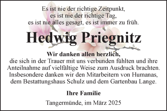 Traueranzeige von Hedwig Priegnitz von Volksstimme Altmark Ost