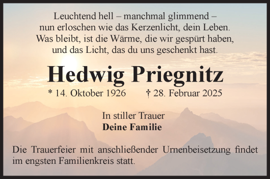 Traueranzeige von Hedwig Priegnitz von Volksstimme Altmark Ost