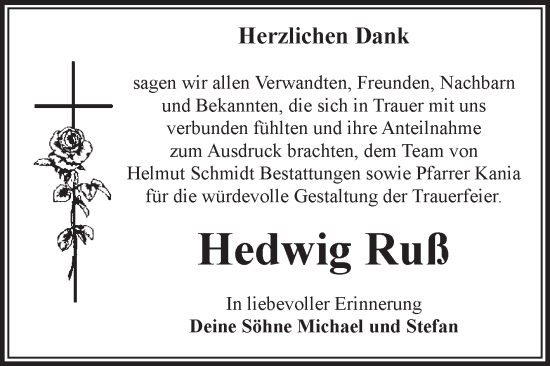 Traueranzeige von Hedwig Ruß von Volksstimme Schönebeck
