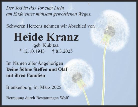 Traueranzeige von Heide Kranz von Volksstimme Wernigerode