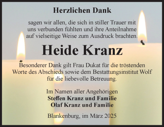 Traueranzeige von Heide Kranz von Volksstimme Wernigerode