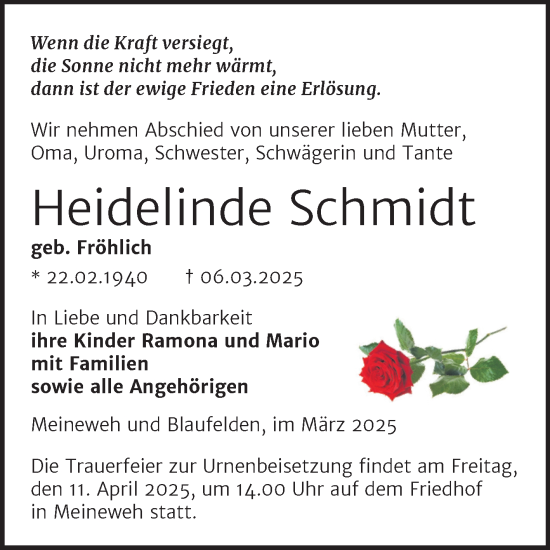 Traueranzeige von Heidelinde Schmidt von Trauerkombi Zeitz