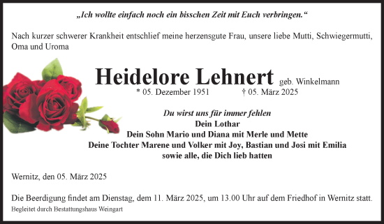 Traueranzeige von Heidelore Lehnert von Volksstimme Altmark West