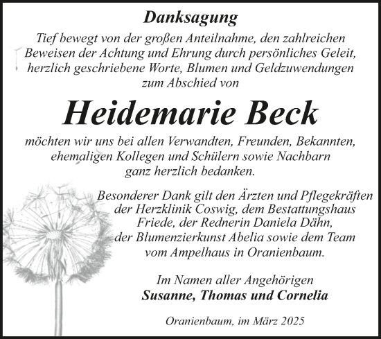 Traueranzeige von Heidemarie Beck von Super Sonntag Wittenberg