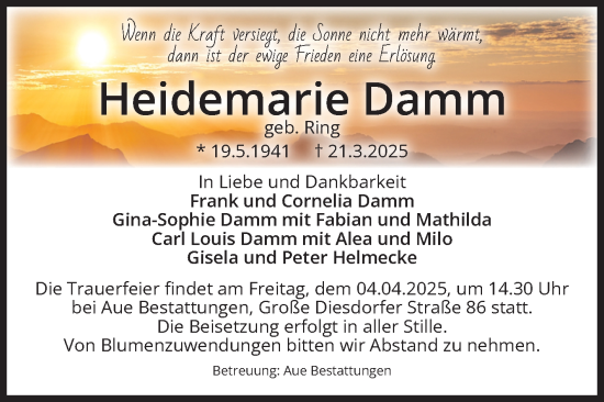 Traueranzeige von Heidemarie Damm von Volksstimme Magdeburg