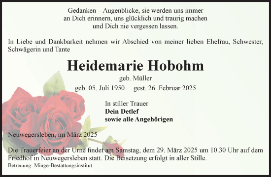 Traueranzeige von Heidemarie Hobohm von Volksstimme Oschersleben/Wanzleben