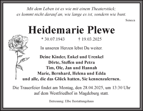 Traueranzeige von Heidemarie Plewe von Volksstimme Altmark West