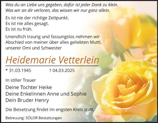 Traueranzeige von Heidemarie Vetterlein von Volksstimme Magdeburg