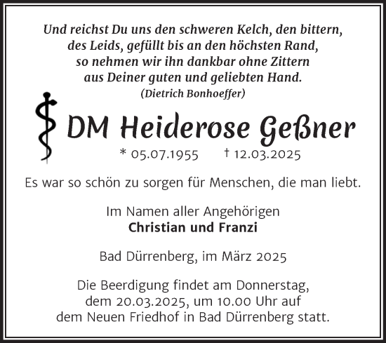 Traueranzeige von Heiderose Geßner von Mitteldeutsche Zeitung Merseburg/Querfurt